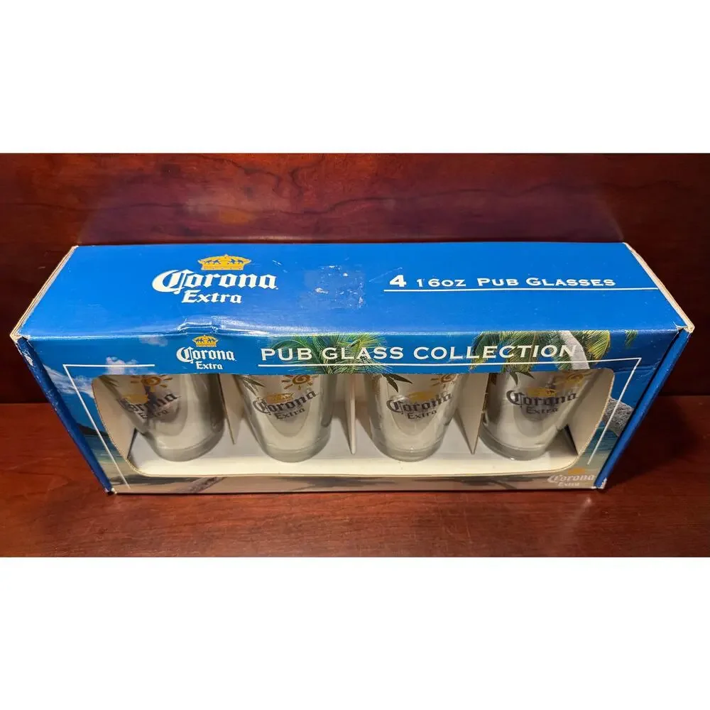 2007 Corona Extra Pub Glass Collection 16oz Beer Glasses Gift Set Four 4 Glasses